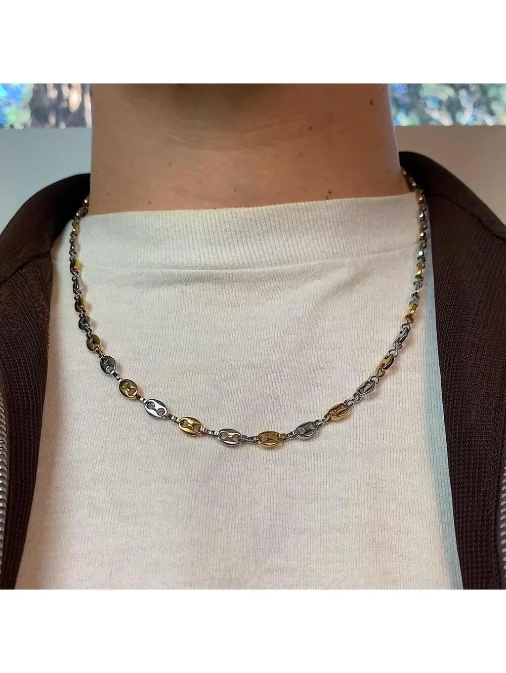 Y2k 2000s style Coffee Bean Stainless Steel Silver and Gold Necklace . High